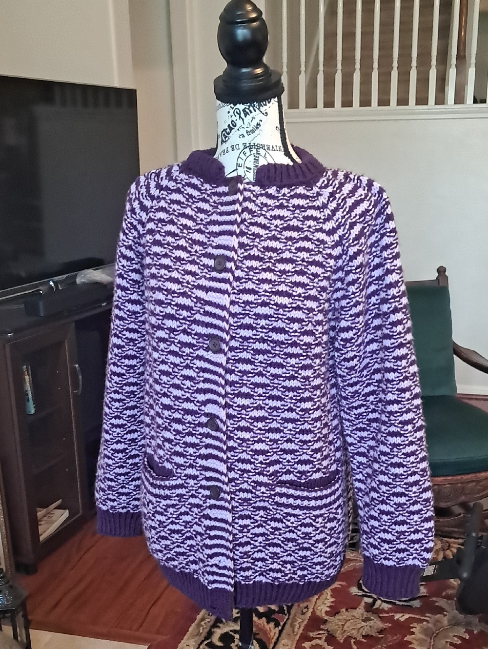 Women's Purple Marled Button-Up Hand Knitted Sweater Large